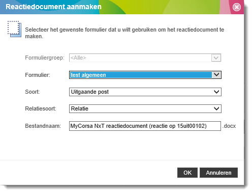 Het venster Reactiedocument voor de gebruiker in MyCorsa NxT